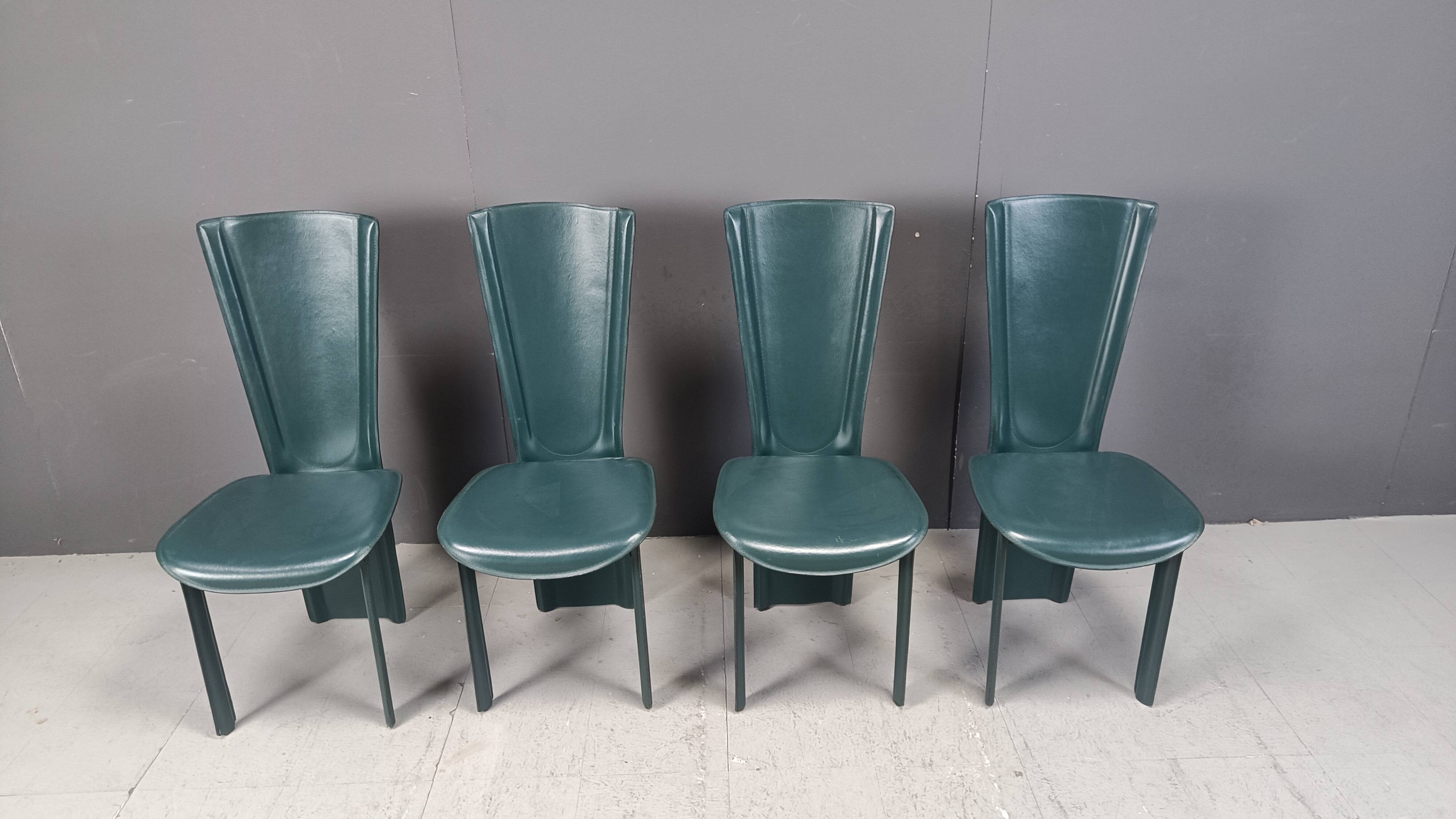 Vintage green leather dining chairs, 1980s - set of 4