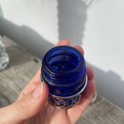Silver-plated metal and blue glass salt and pepper shaker