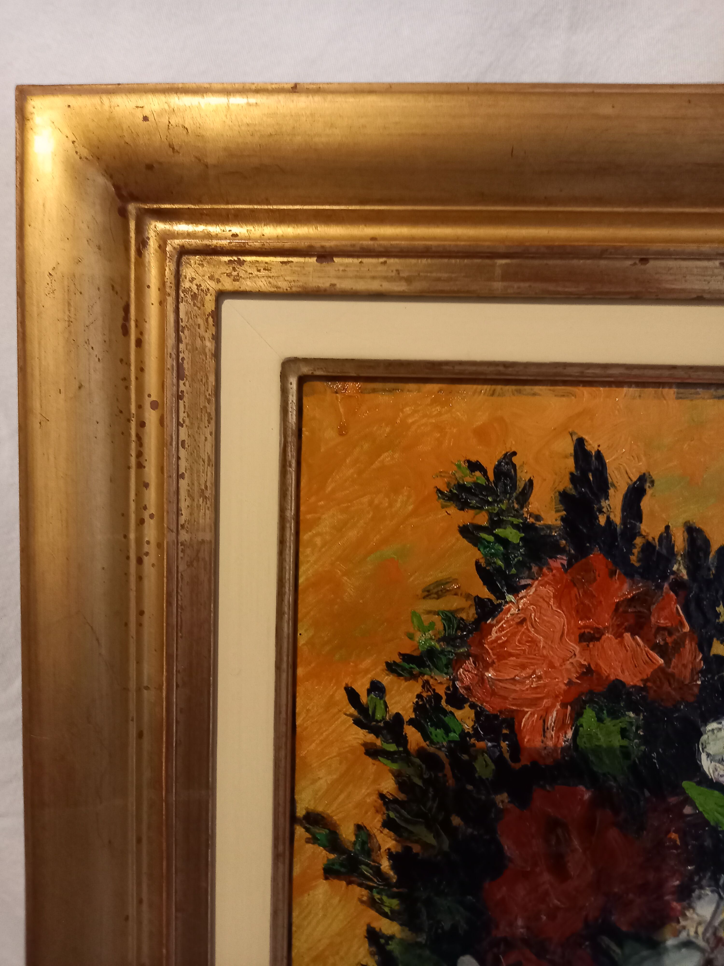 Old painting, oil on canvas, representing a bouquet of flowers, mid-twentieth century