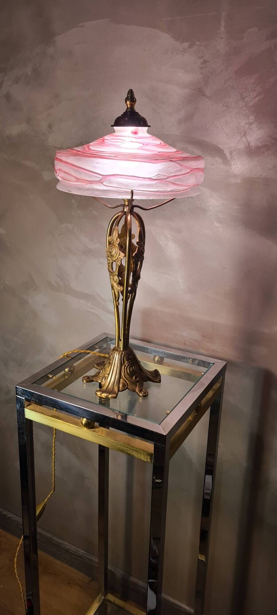 Austrian Art Nouveau bronze lamp with Loetz style art glass shade