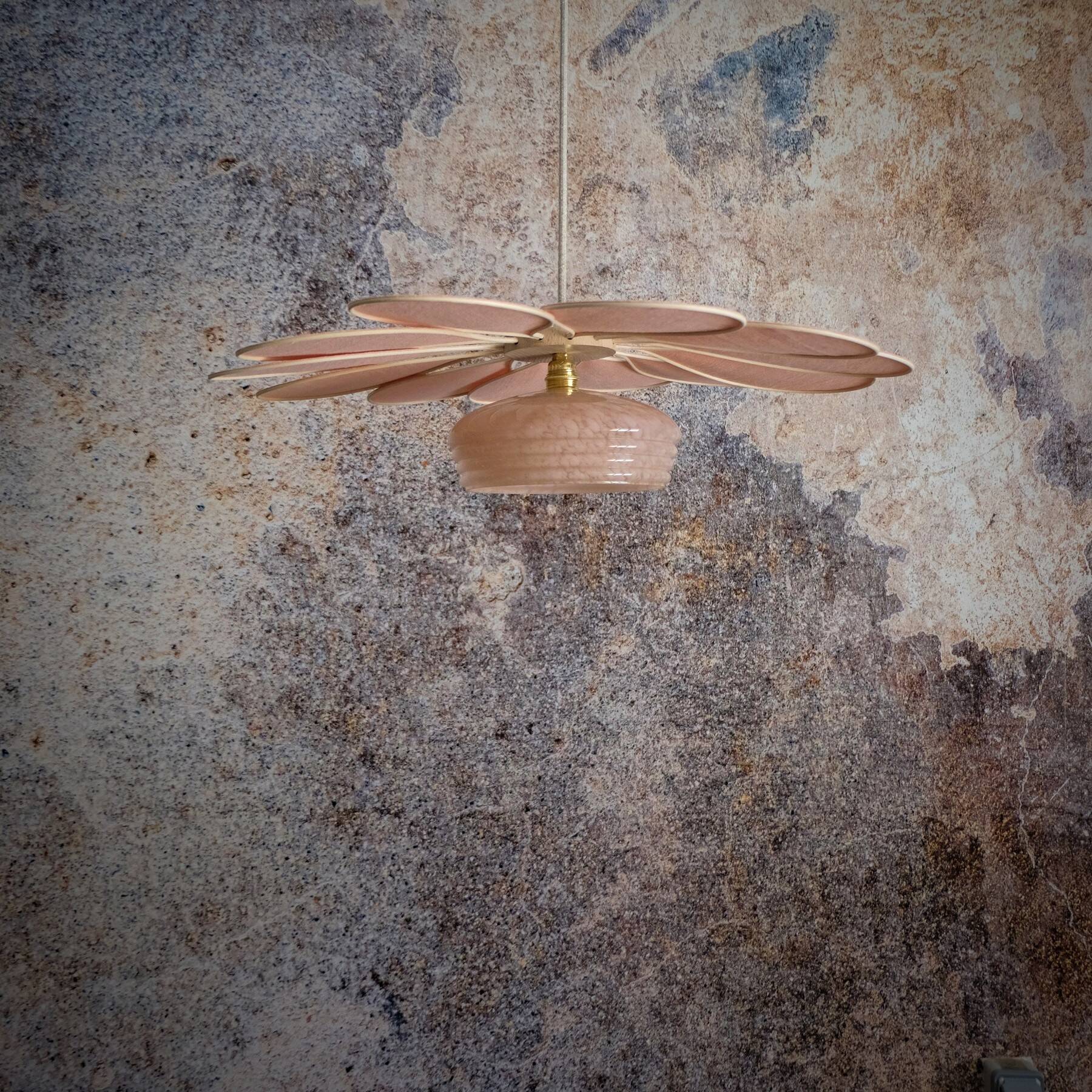 Rattan and Pink Linen Flower Pendant Light and Vintage Clichy Glass Globe