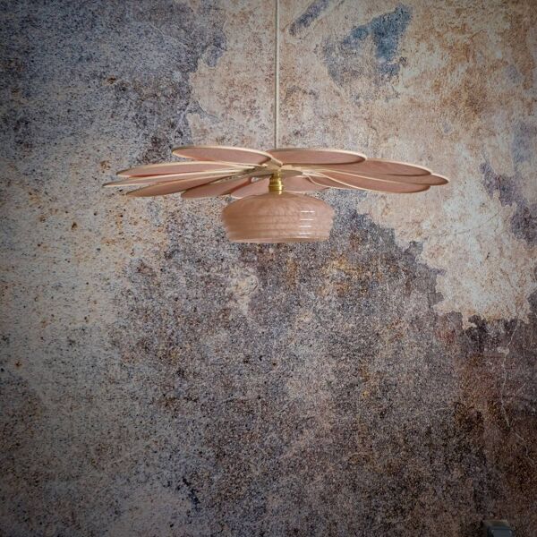 Suspension Fleur en Rotin et Lin Rose et Globe vintage en verre de Clichy