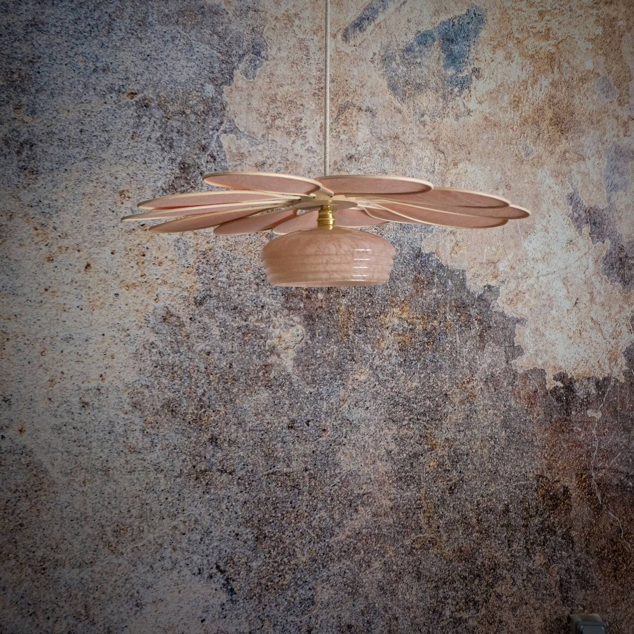 Rattan and Pink Linen Flower Pendant Light and Vintage Clichy Glass Globe