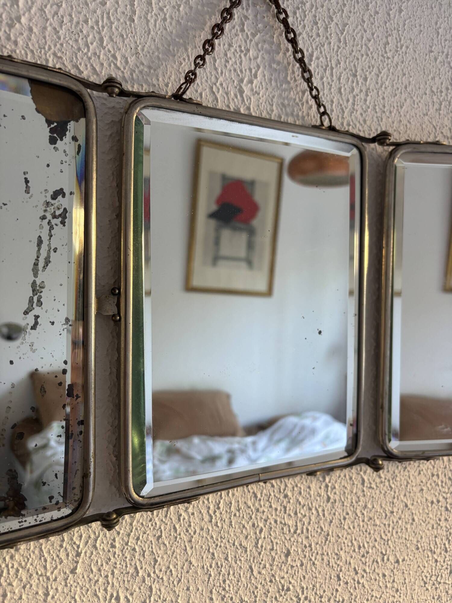 Vintage 1950 triptych mirror barber beveled crystal hairdresser - 25 x 59 cm
