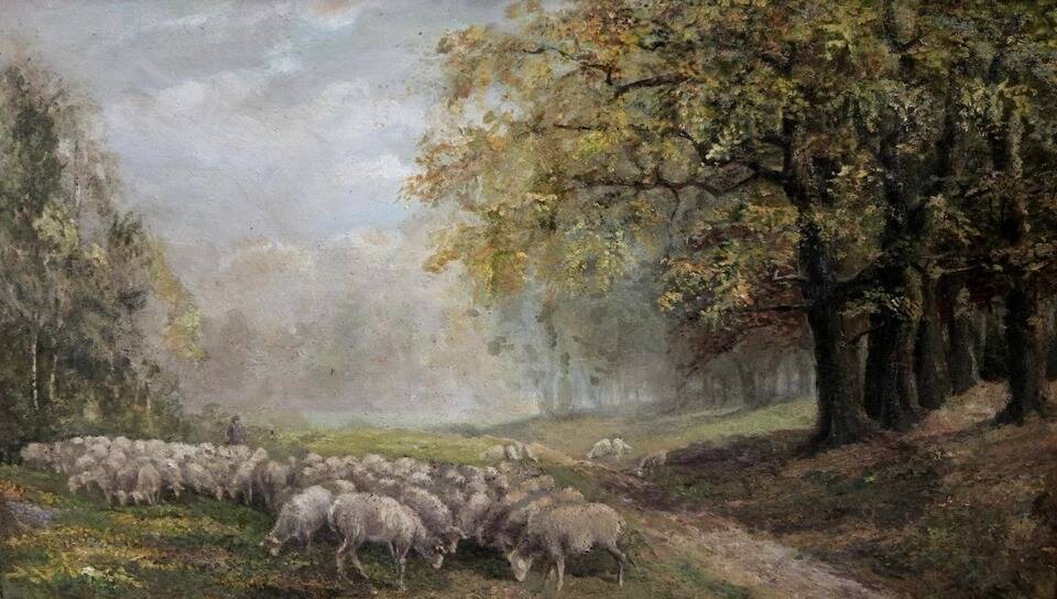 Oil on canvas depicting a flock of sheep.