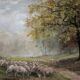 Oil on canvas depicting a flock of sheep.