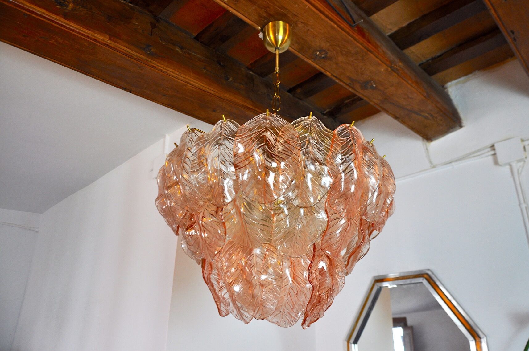 Chandelier "Leaves" murano mazzega, pink glass, italy, 1960
