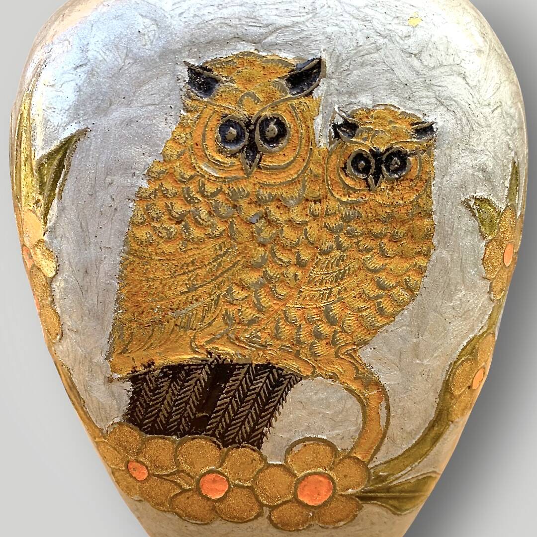 Vintage enamelled brass vase with owl decoration – handcrafted