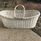 Rustic white woven wicker laundry basket — 1960s, large oval shape 77×41×25 cm
