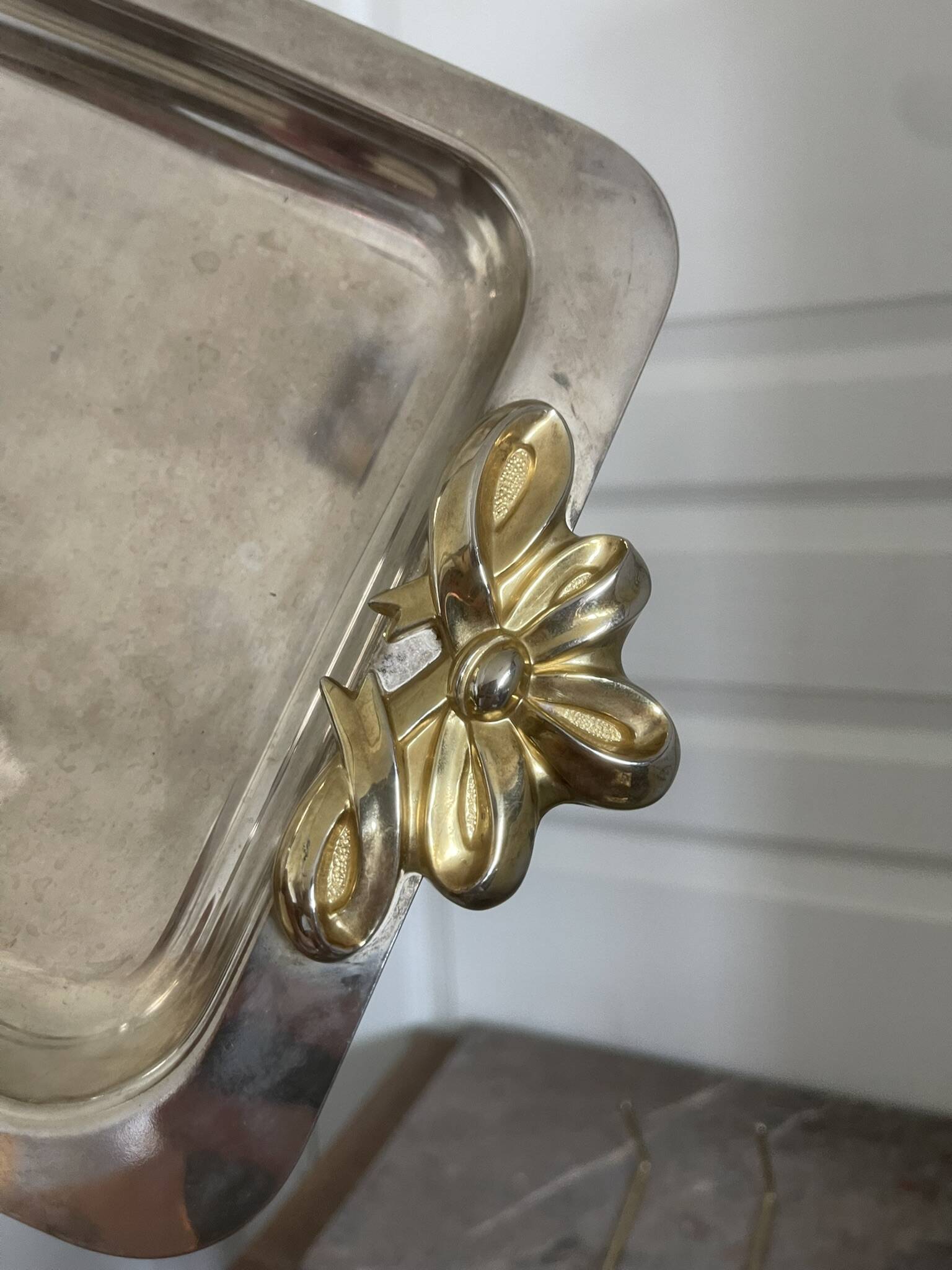 Vintage Silver-Plated Metal Art Deco Serving Tray with Gilded Knot Handle