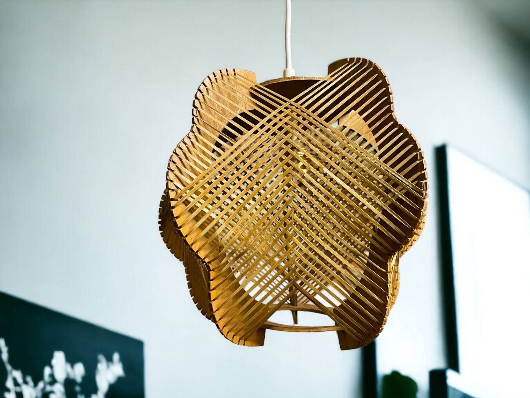 Portuguese mid century wood and straw wooden pendant lamp, 1960s