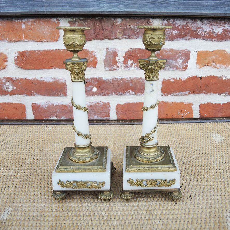 2 antique column candle holders in white marble and brass
