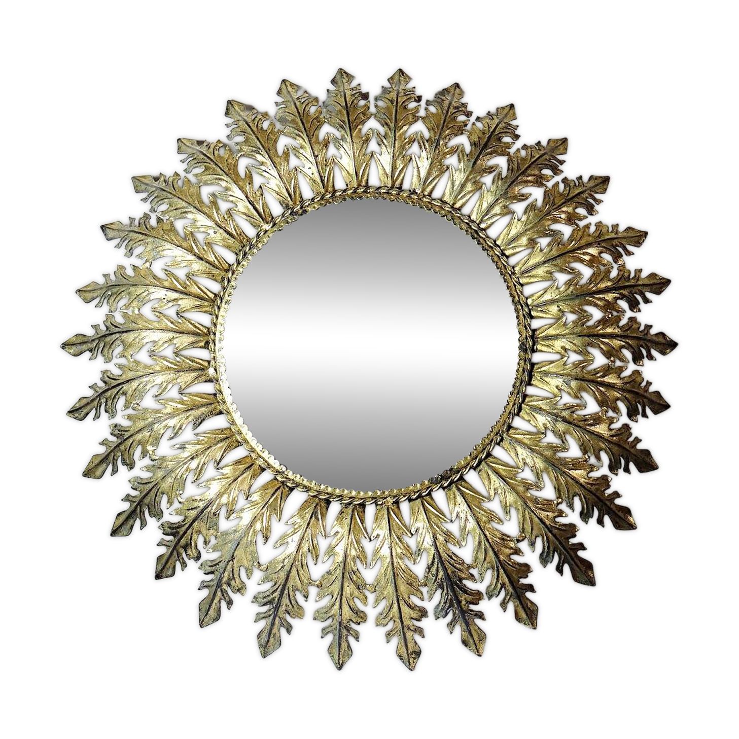Large Italian sunburst wall mirror in gilded metal, 1960s-70s.