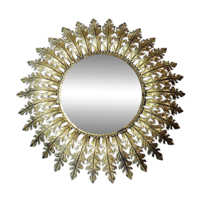 Grand miroir soleil mural Italien en métal doré, années 60-70