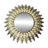 Grand miroir soleil mural Italien en métal doré, années 60-70