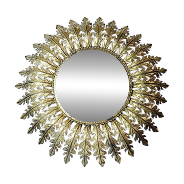 Large Italian sunburst wall mirror in gilded metal, 1960s-70s.