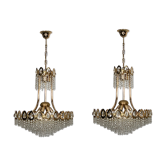 Ensemble de deux lustres dorés et cristal Sciolari, des années 70