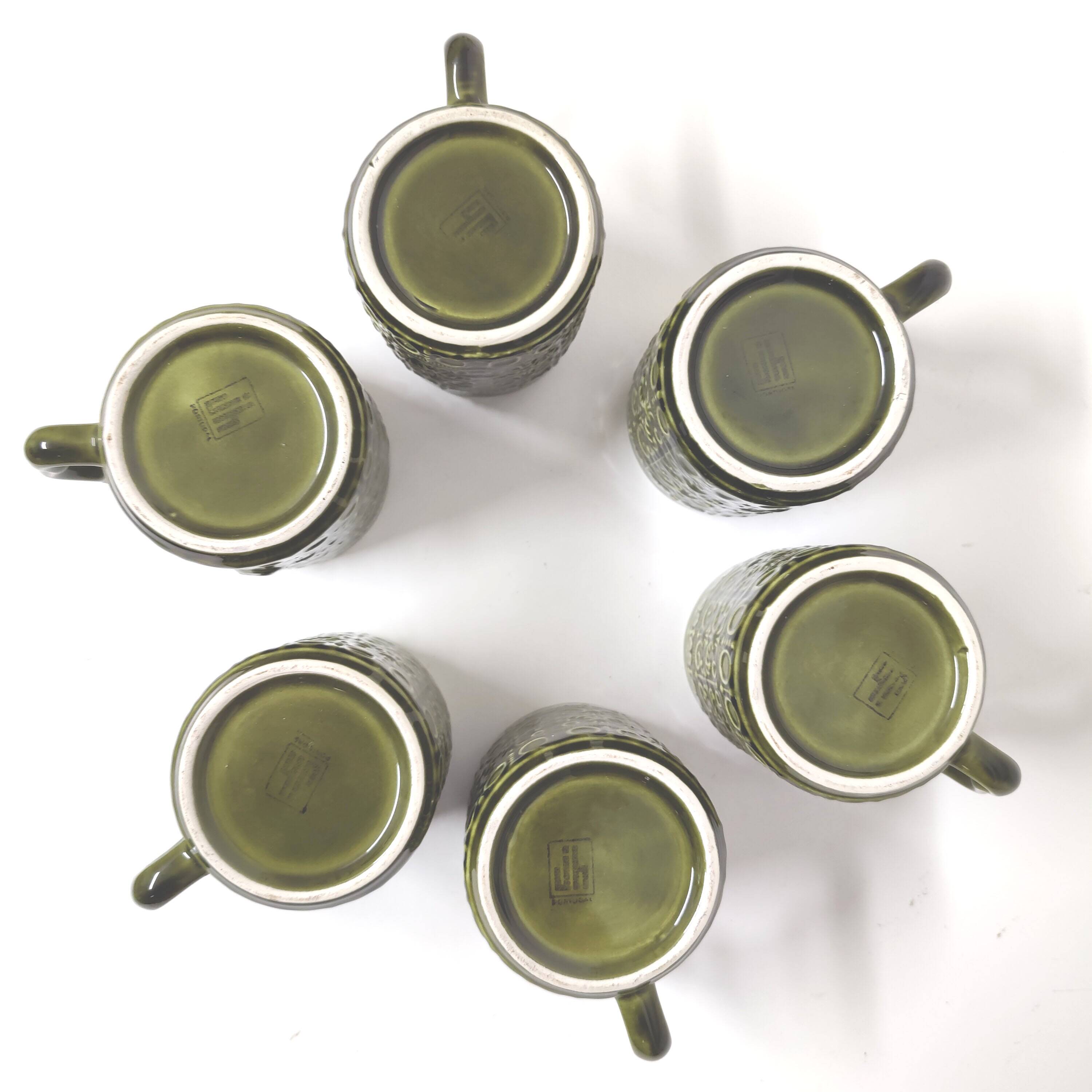 Set of 6 BP mugs in green slip vintage Portuguese ceramic 70s