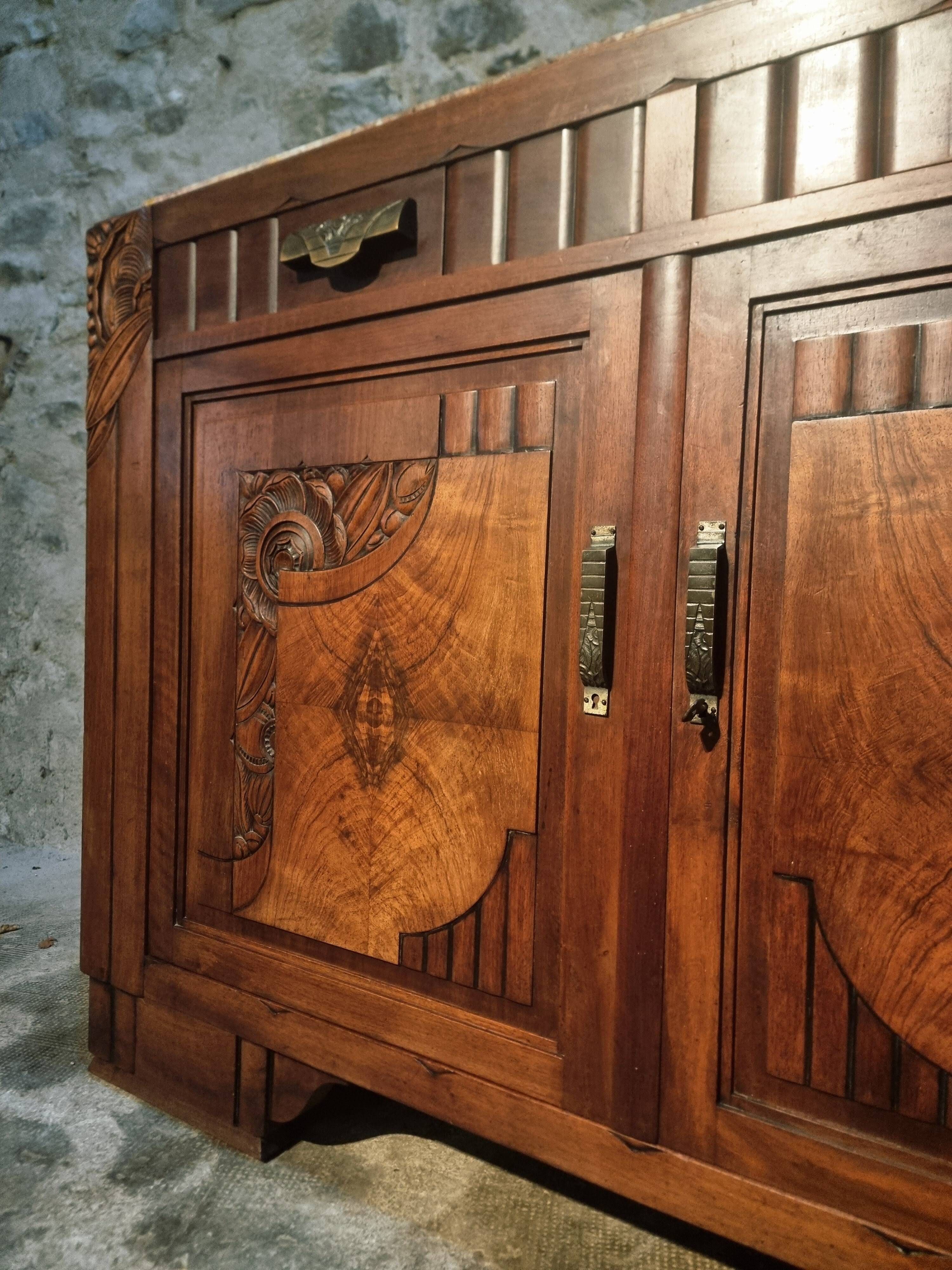 French Art Deco walnut sideboard with marble top (1930s)