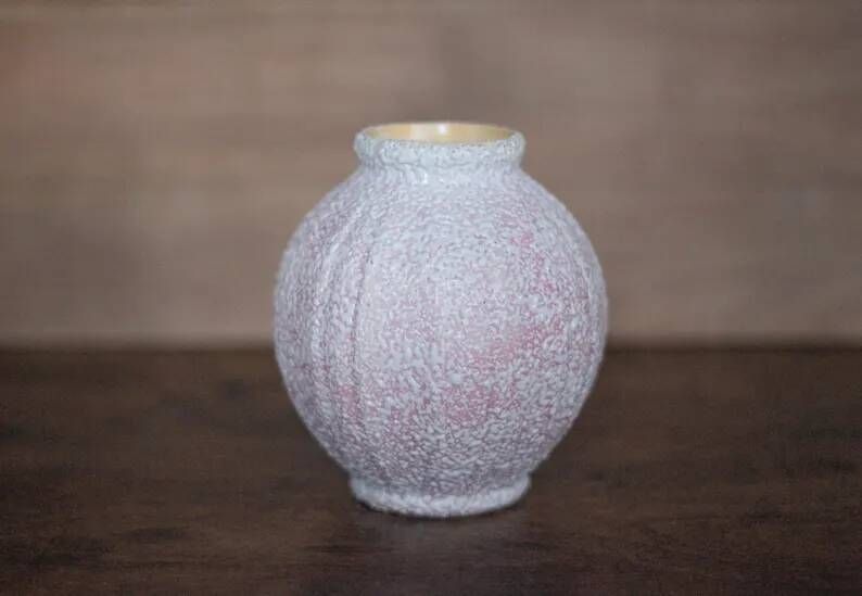 Signed crinkled enamel round vase, pink Art Deco vase, interior decoration, collection
