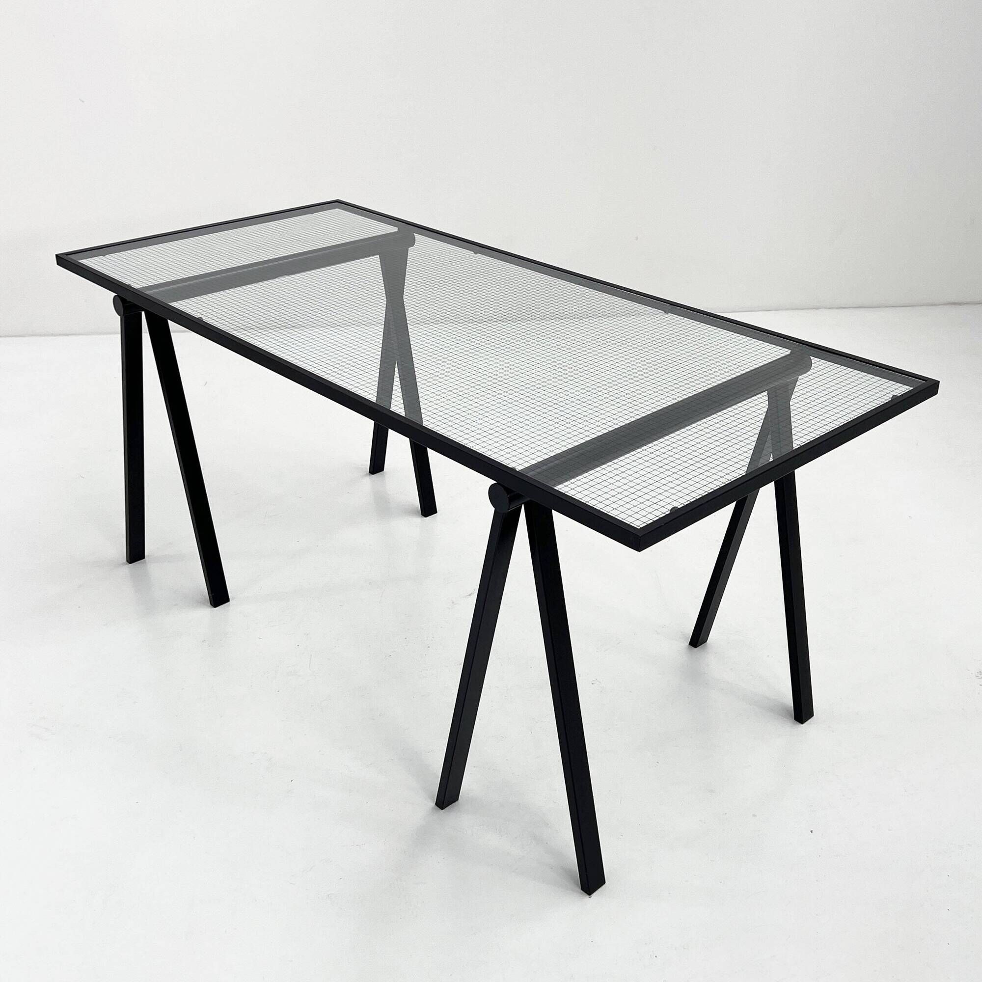Trestle desk in glass and metal by Rodney Kinsman for Bieffeplast, 80