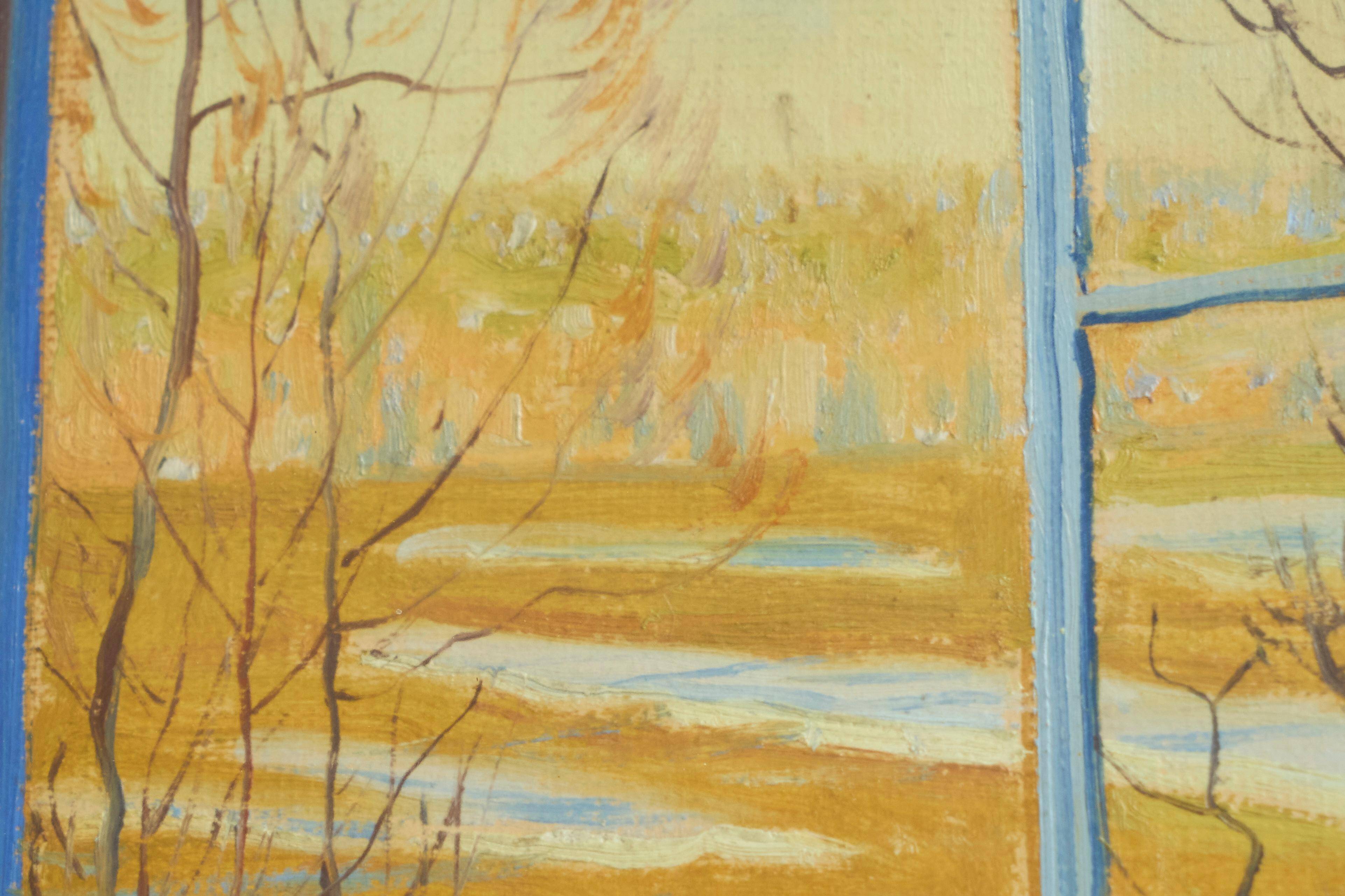 Painting of an open window with flowers, Belgium early 20th century.