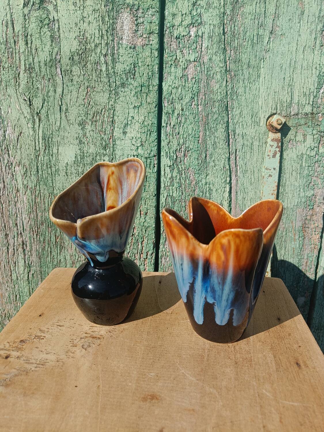 "Pair of vintage glazed ceramic vases – blue flamed glaze – ann"