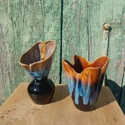 "Pair of vintage glazed ceramic vases – blue flamed glaze – ann"