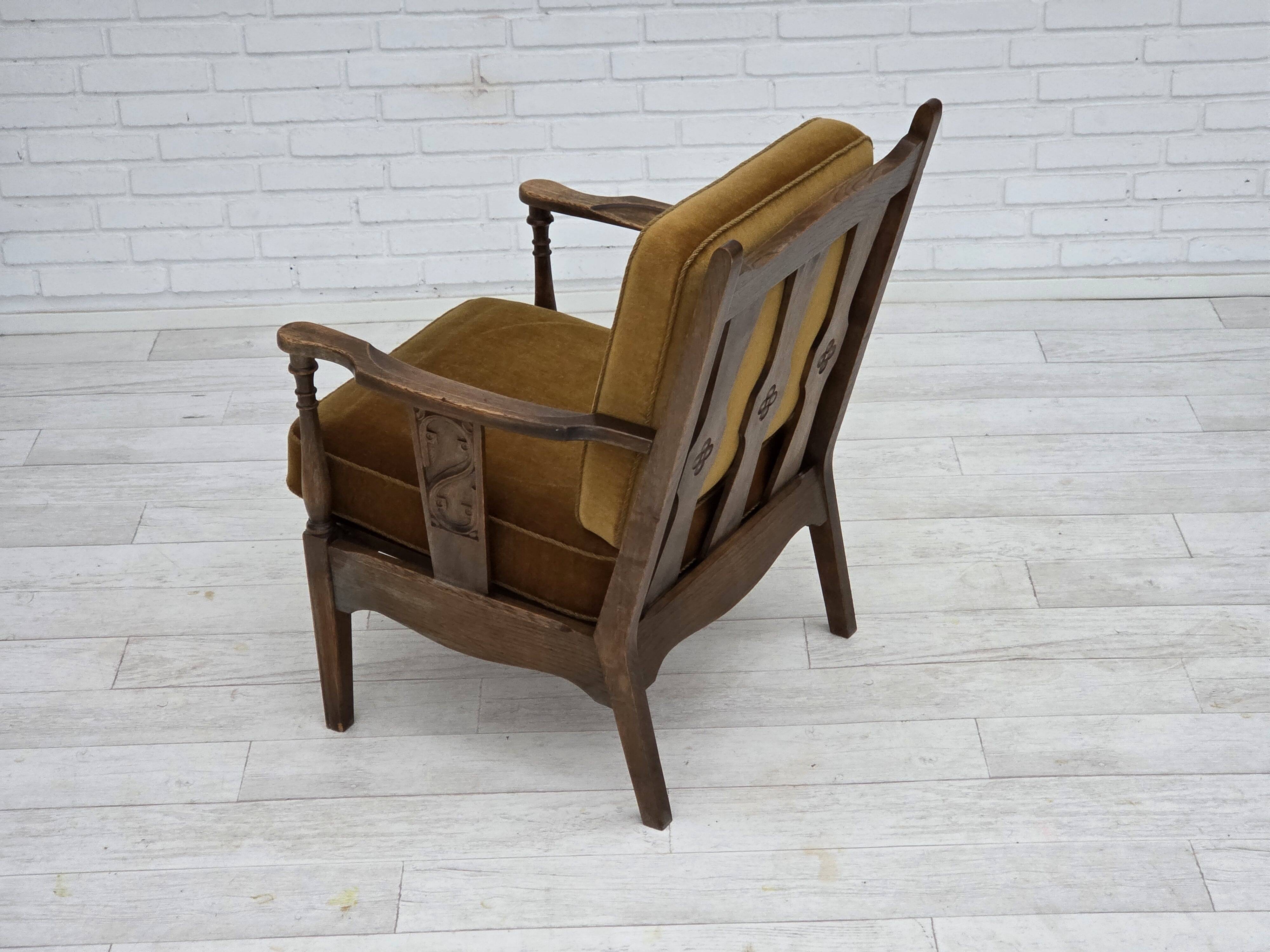 1950s, Danish vintage armchair, original green furniture velour, oak wood.