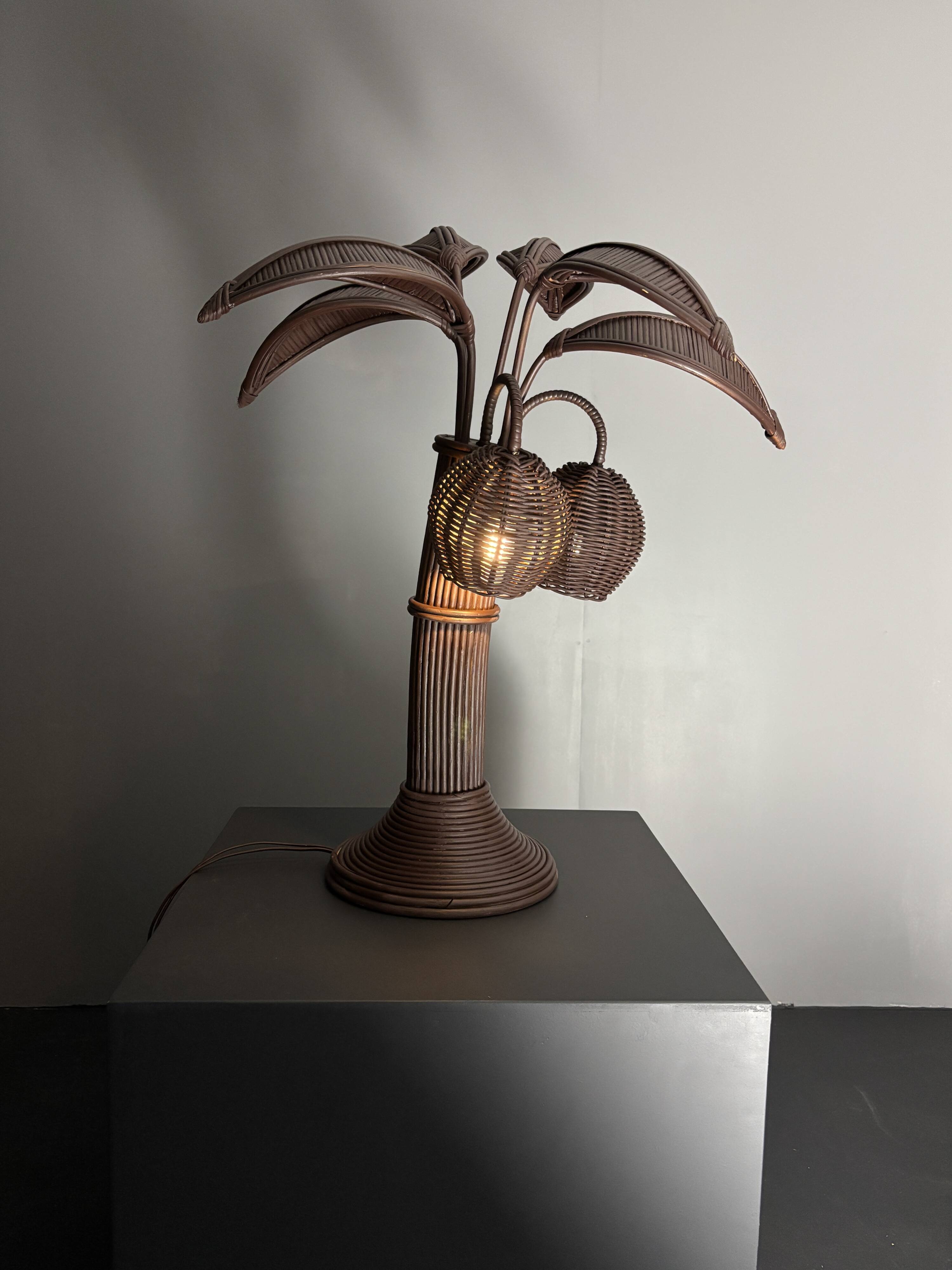 Pencil reed rattan bamboo palm tree coconut table lamp Maro Lopez style 70s
