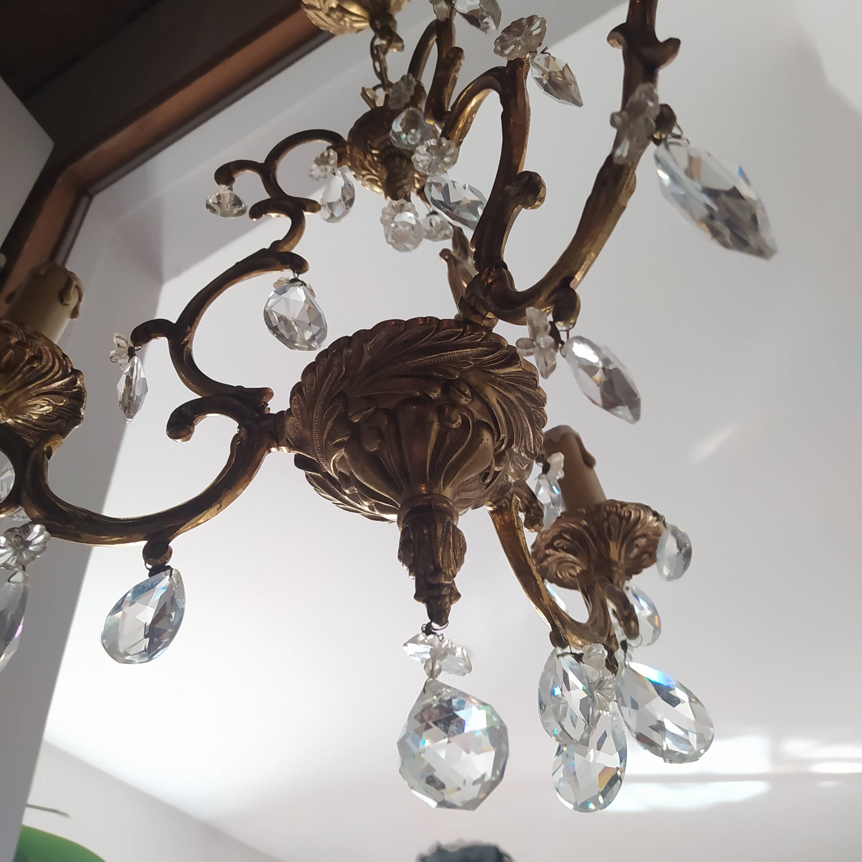 Louis xv bronze chandelier with crystal pendants 3 lights