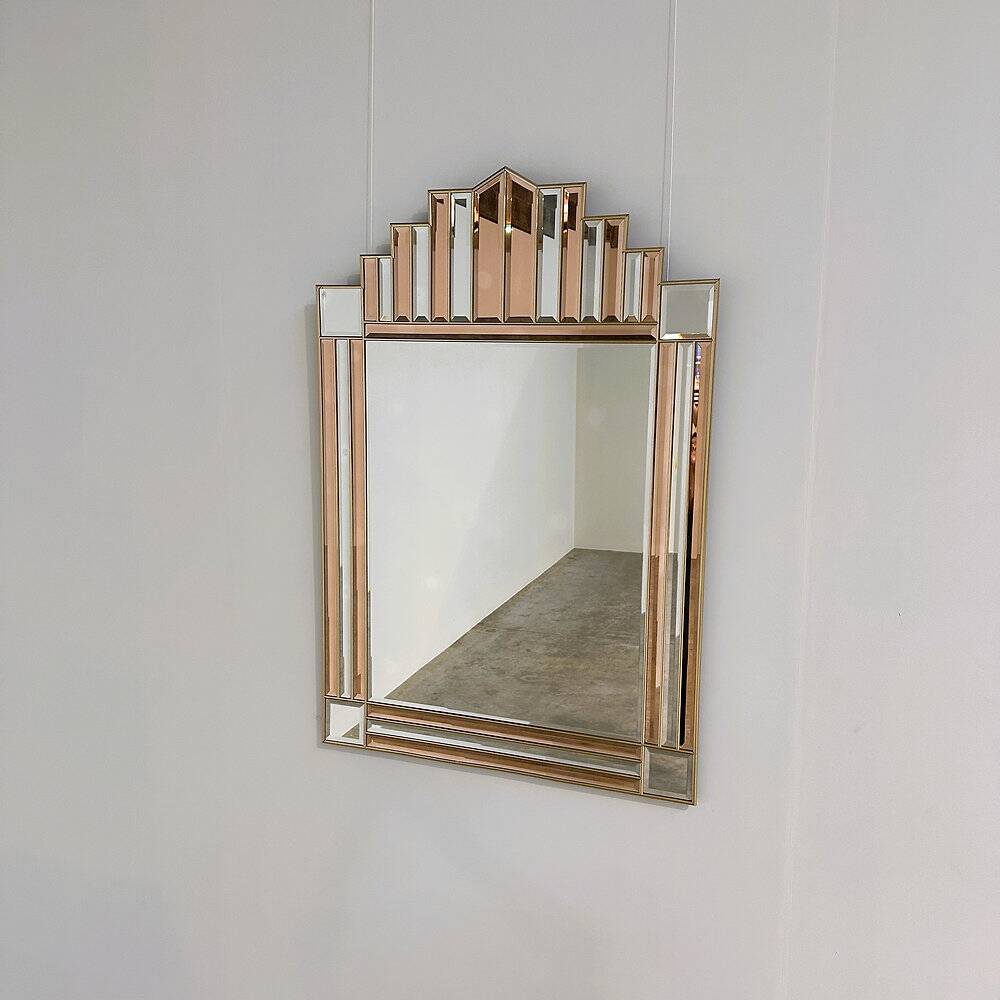 Art Deco style peach & clear bevelled mirror with brass frame, 1980s