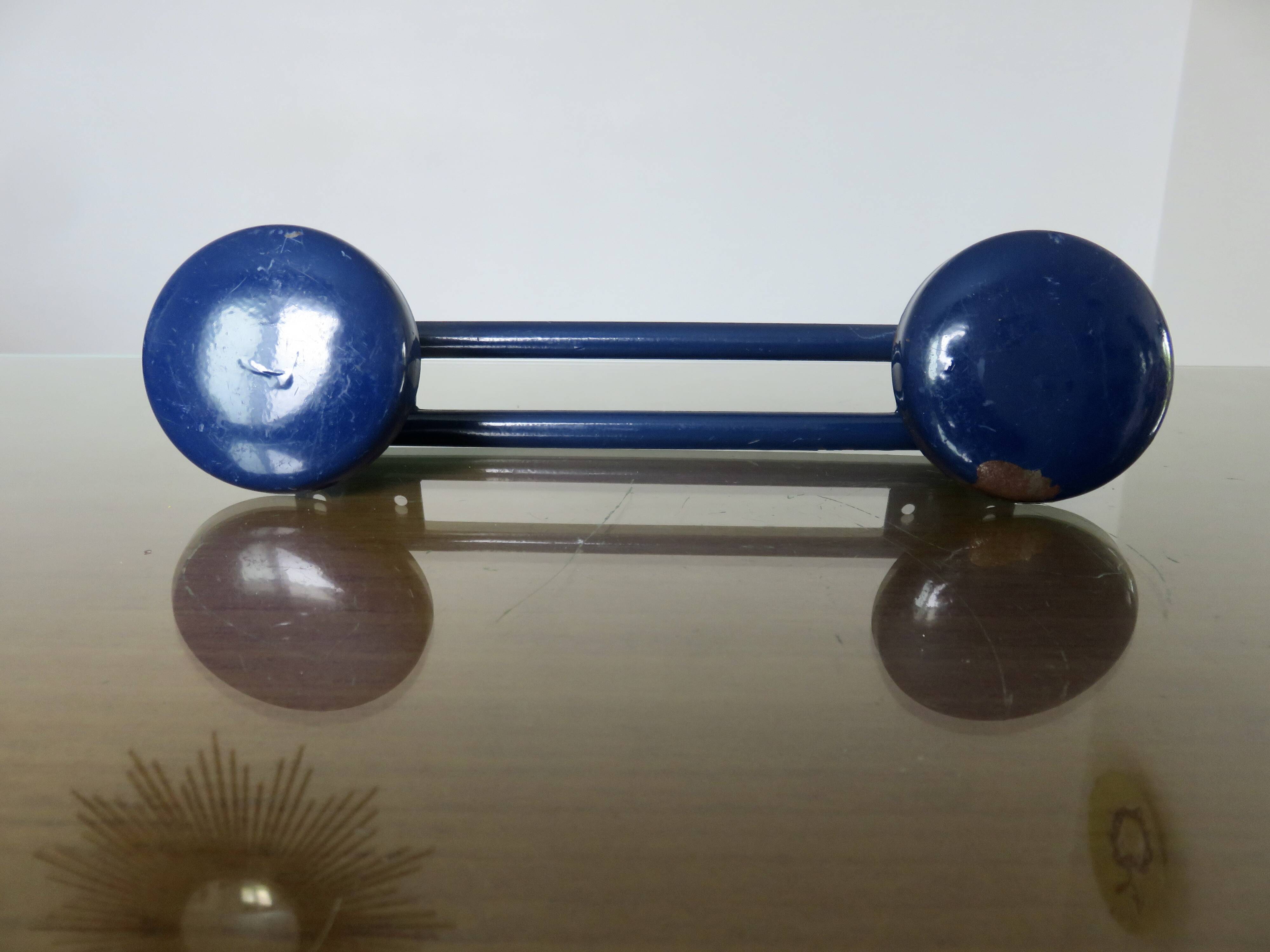 Blue lacquered metal wall coat rack, 1970