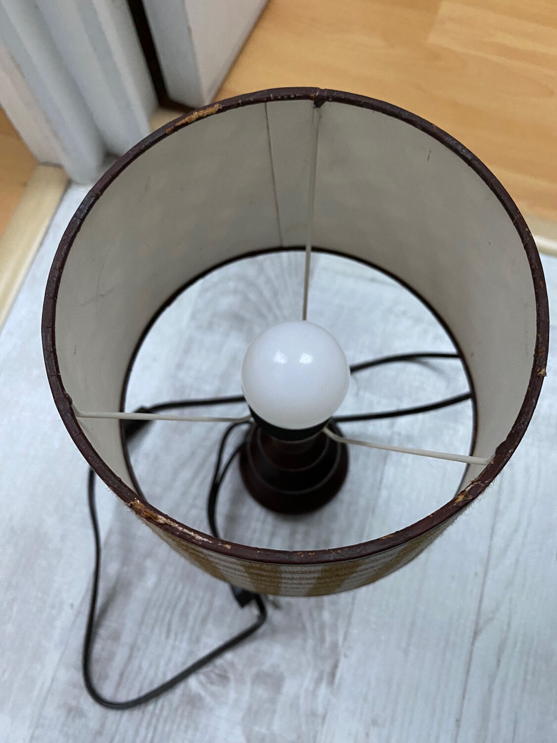 Wooden foot lamp brown tartan lampshade, cottage style