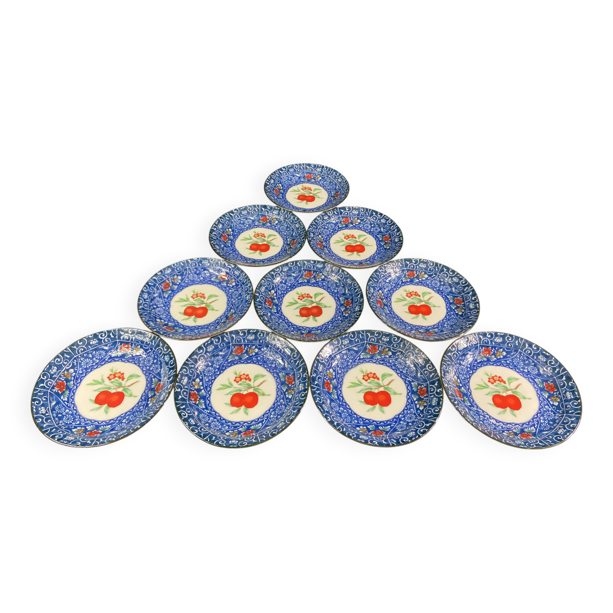 Set of 10 signed porcelain dessert plates with fruit decoration