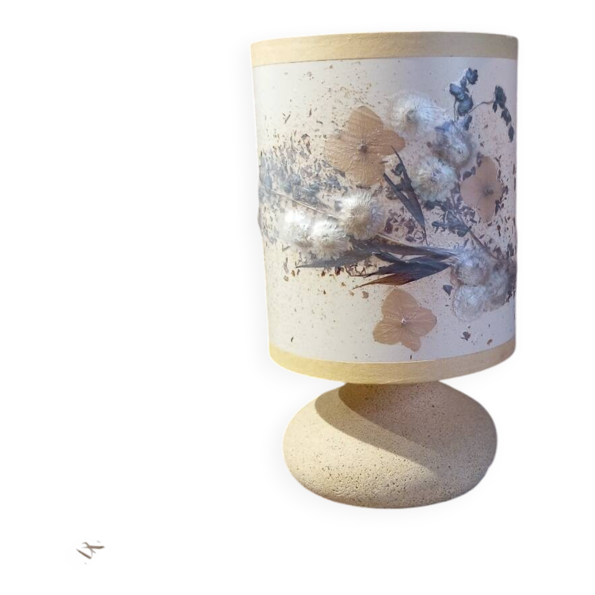 Mini lampe pierre, abat-jour incrustation fleurs séchées vintage 70