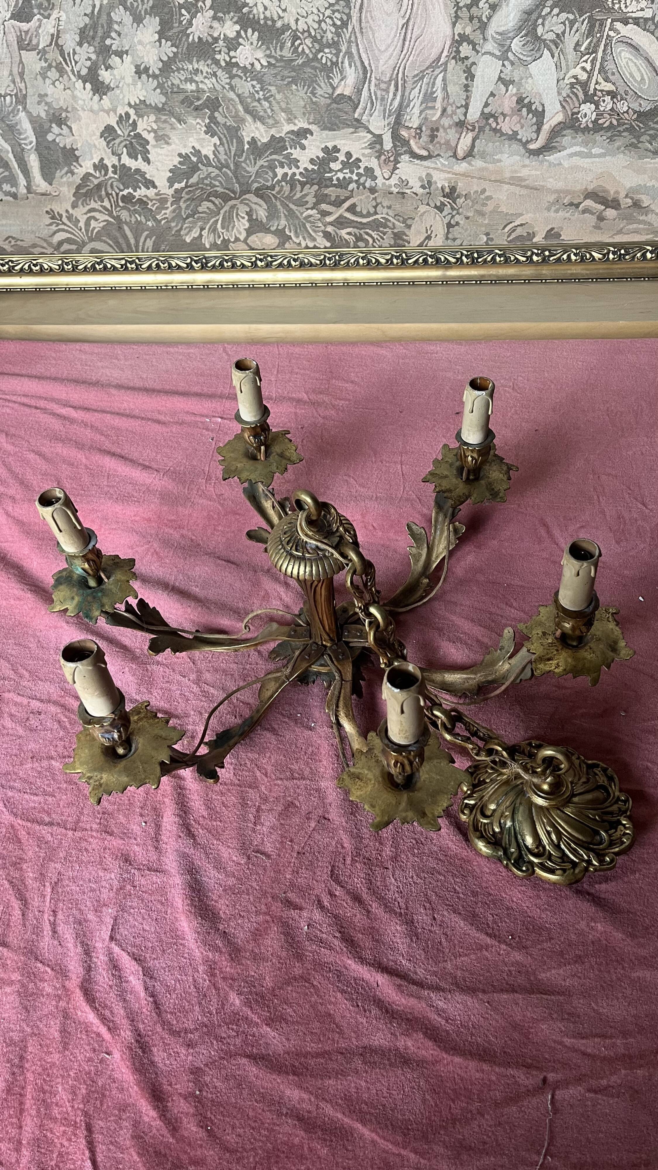 Lustre bronze doré 6 bougies annees 100