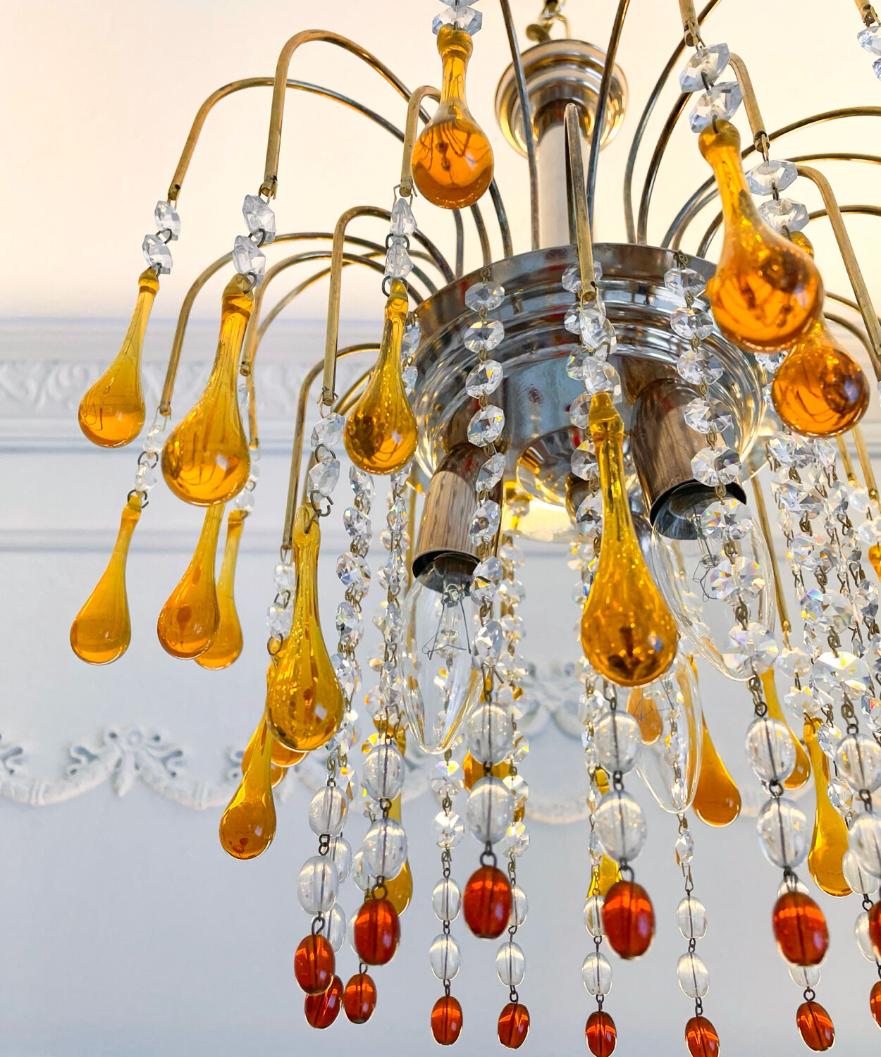 Lustre cascade Murano vintage en verre ambré et cristal, chandelier it