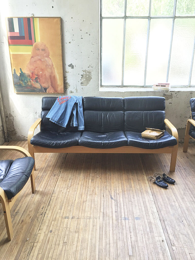 Danish sofa and armchairs curved wood and leather