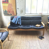 Danish sofa and armchairs curved wood and leather