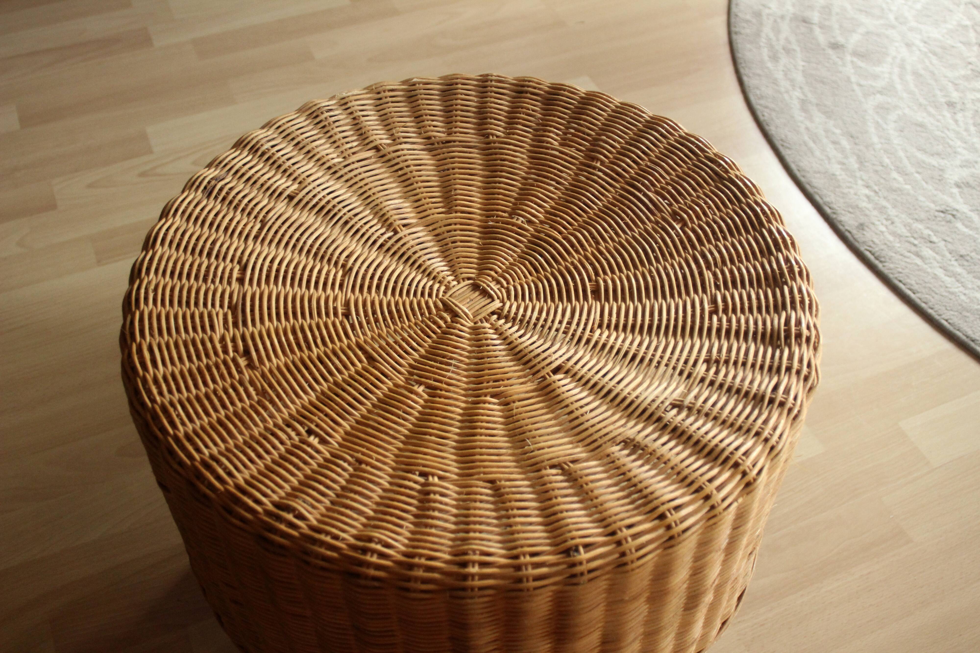 Table d'appoint ronde en rotin, bambou et bois - Vintage
