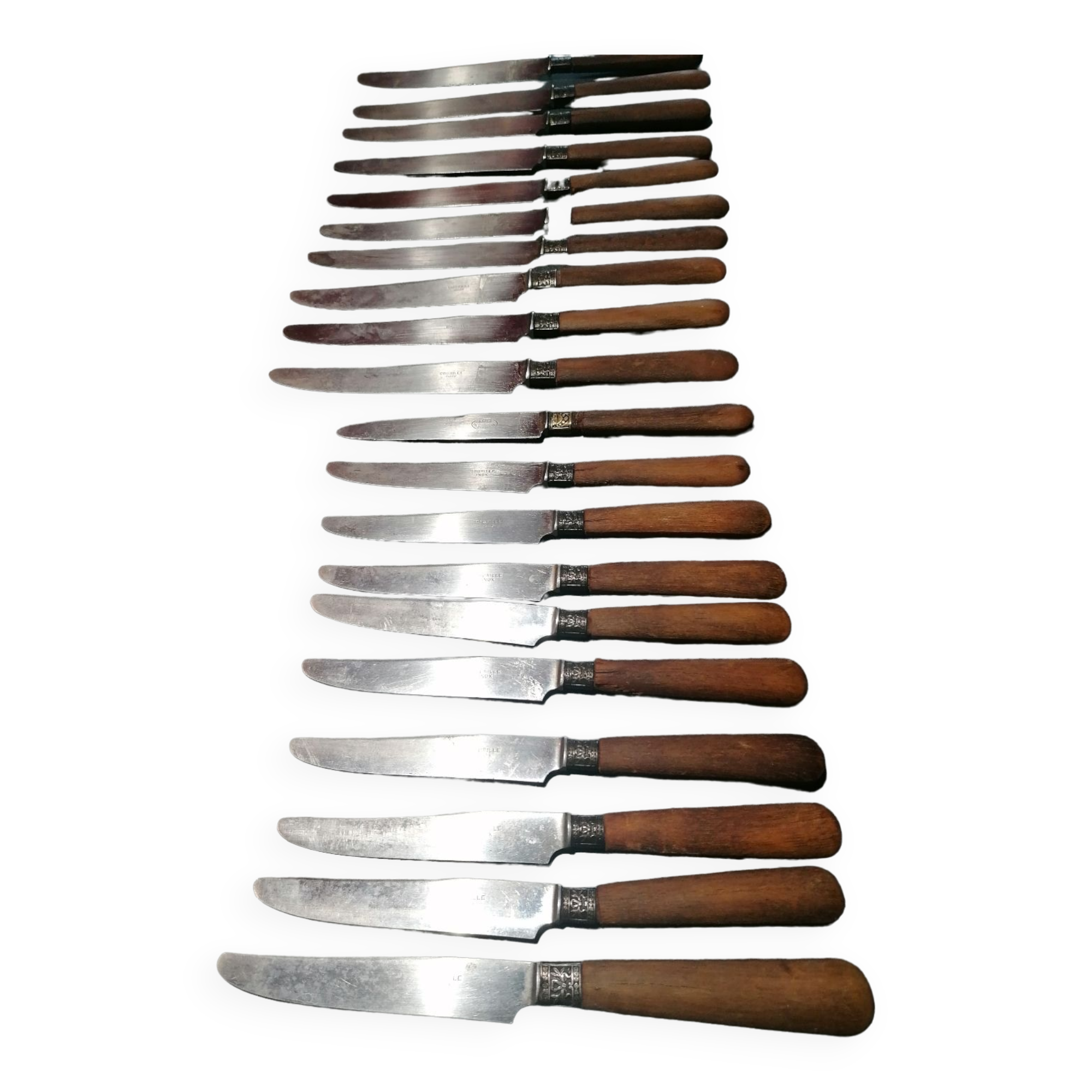 Old table knives and dessert knives, wooden handles, stainless steel blades