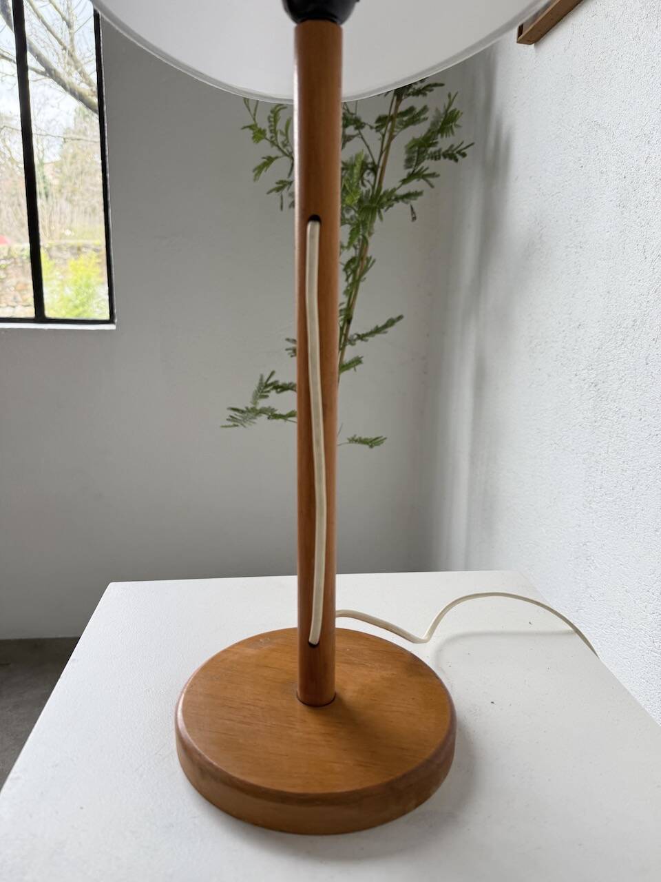 70s oak wood table lamp