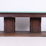 Restored Art Deco Dining Table, Oak, Copper Plating, Glass, Czech, 1930s