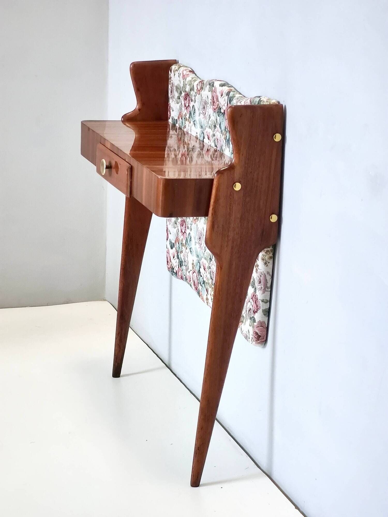 Ebonized Beech and Rose-Patterned Fabric Console with a Drawer, Italy