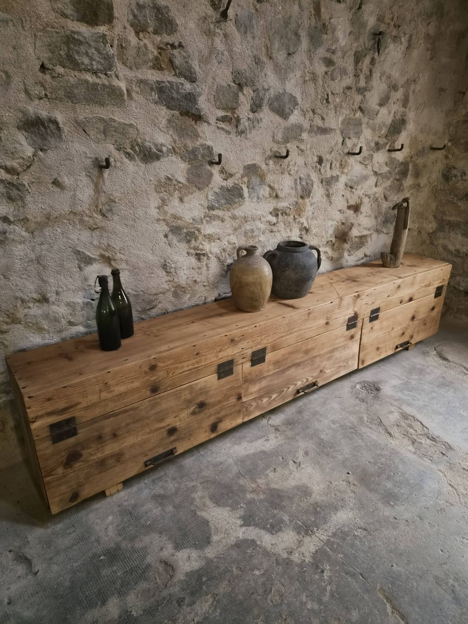 Old French industrial workshop furniture in pine / storage bench, circa 1880–1900