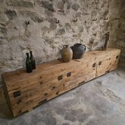 Old French industrial workshop furniture in pine / storage bench, circa 1880–1900