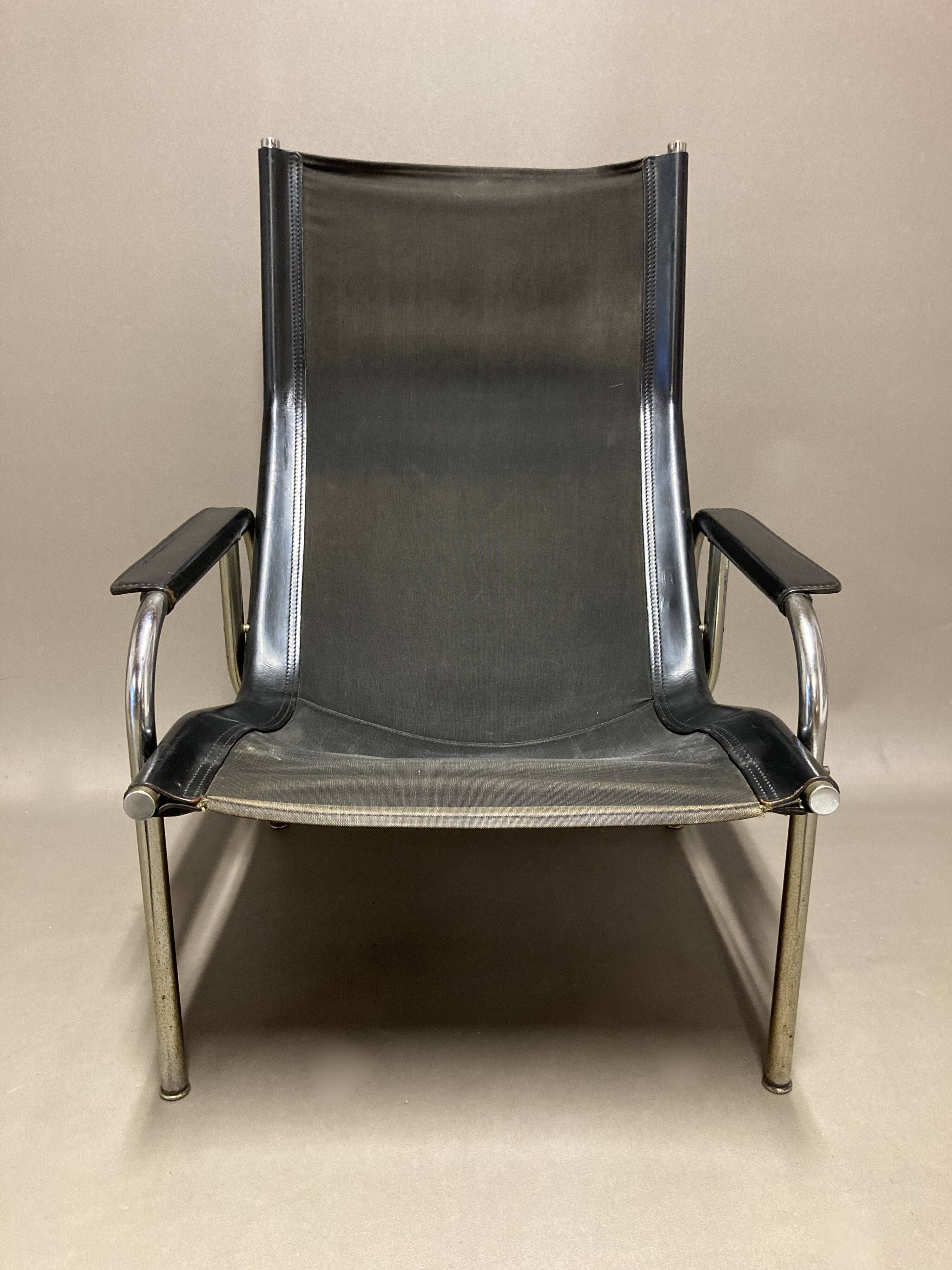 Black leather reclining relax armchair, 1960s design.