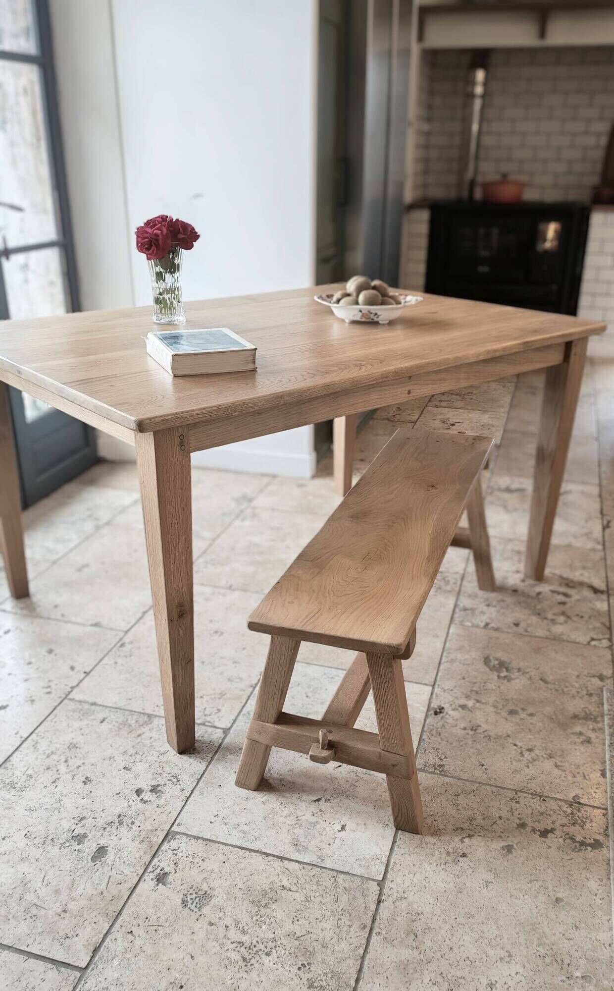 Farm table and bench ("A frame") in solid French oak.