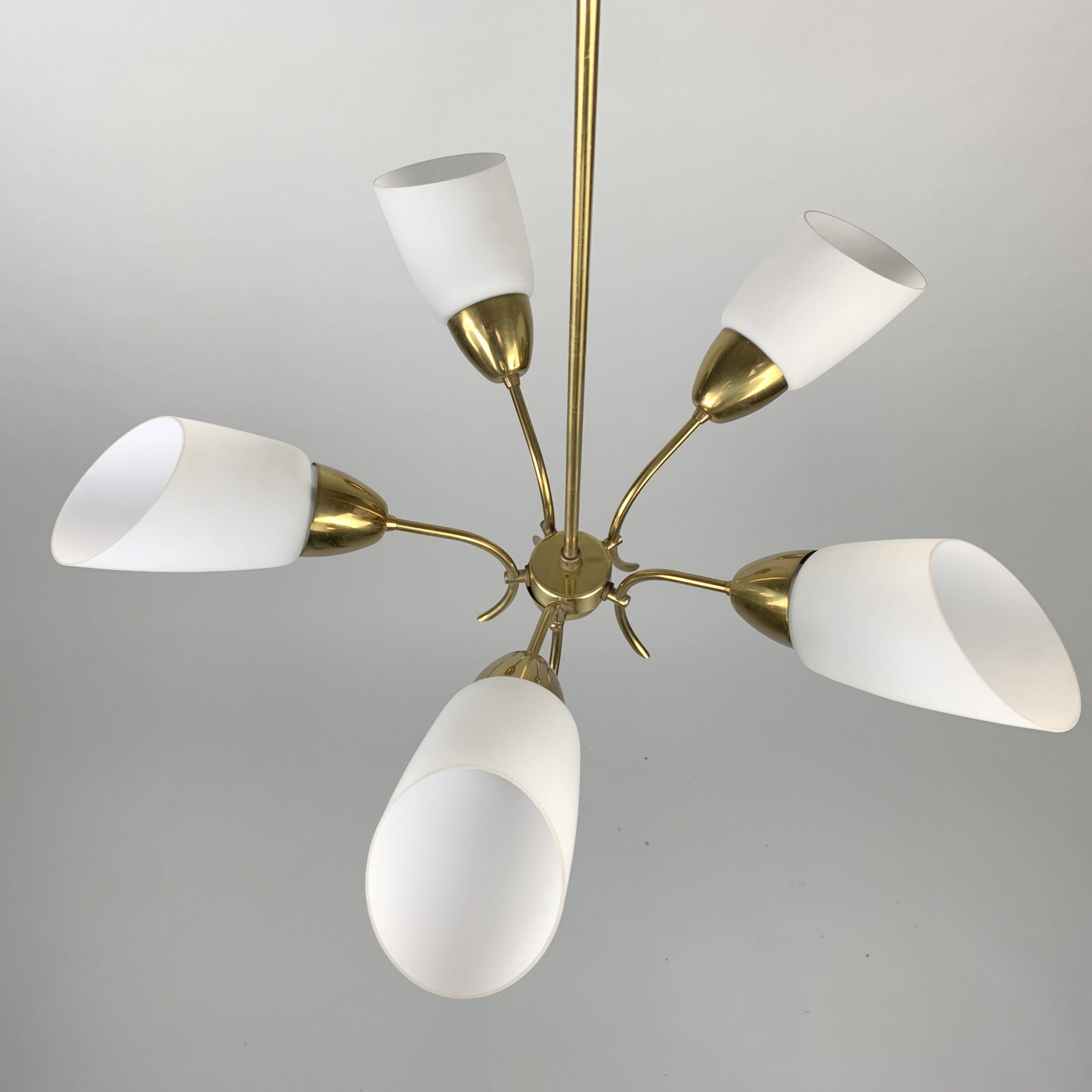 Brass and white glass chandelier, 1980
